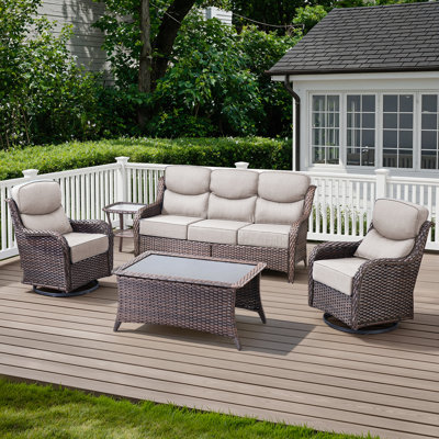 5-Piece Outdoor Wicker Patio Thick Cushion Sofa And Swivel Chairs Set With Coffee Table
