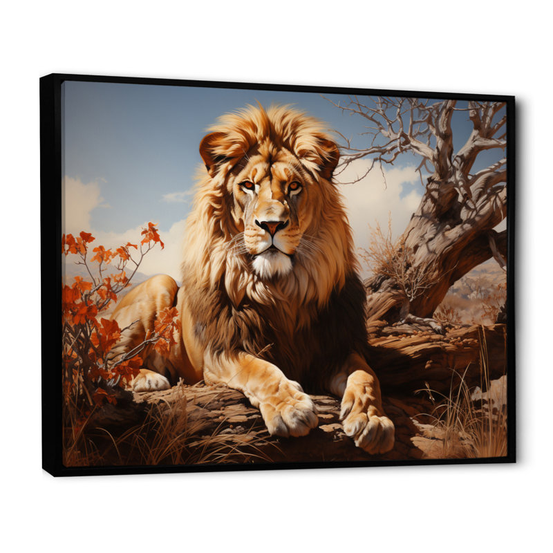 " Lion Savannah Majesty Oil I ", Cadre flottant noir, H 16 po x l 32 po x P 1 po