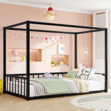 Sunshade Floor Bed, Iron Double-Size Bed Frame, Modern Low-Profile Double-Size Bed, Equipped With Fence-Style Guardrails, Black Series