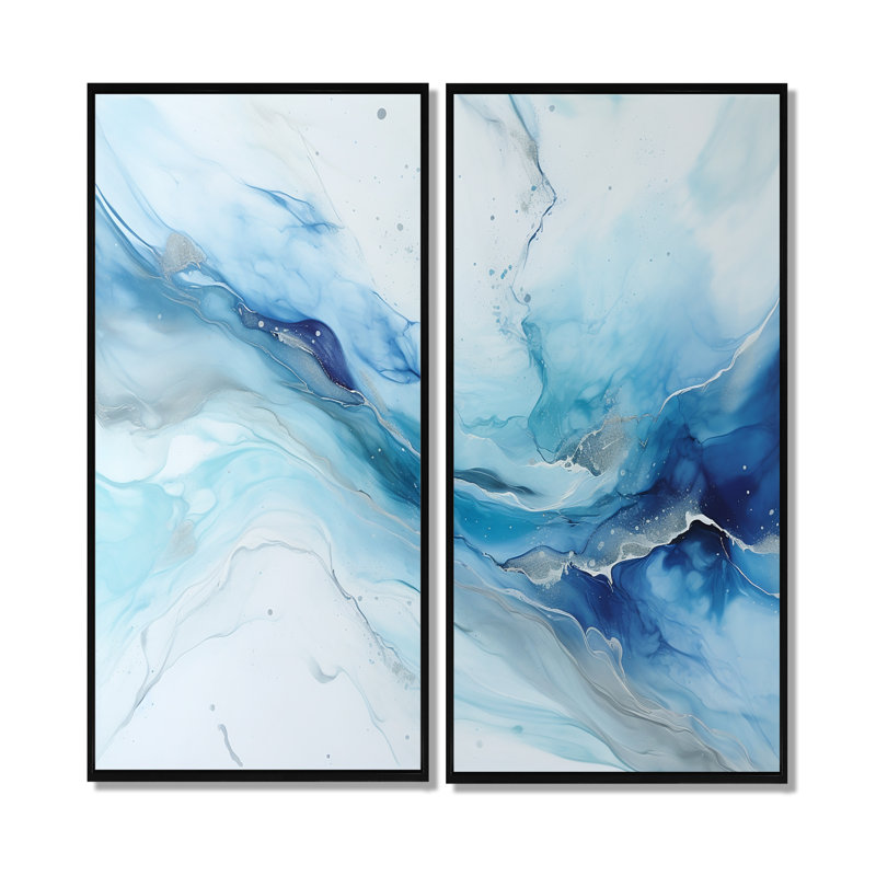 Art liquide blanc et bleu Glacier Charm - grandes formes abstraites, art mural, 20" H x 24" W, Impression encadrée flottante
