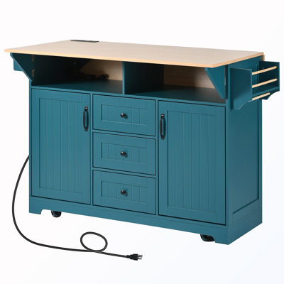Folding Kitchen Island with Power Outlet and Towel Rack and Drawers and Wheels