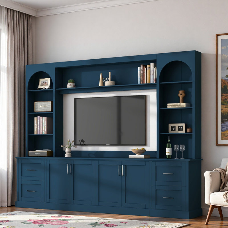 Meuble audio-vidéo arqué moderne avec tiroirs, grandes armoires, tablettes réglables, présentoir et trous pour câbles, Blue