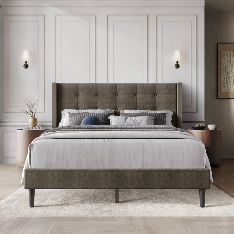 Glam Wingback Platform Bed, Brown, Queen