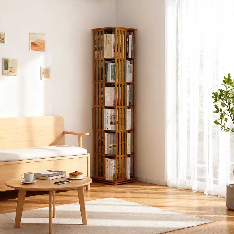 70.5" H x 14.6" W 6-Tier Bamboo Rotating Bookshelf, 360° Revolving Bookcase Corner Freestanding Storage Organizer, Brown