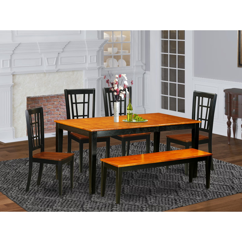 6 Piece Dining Table Set Contains a Rectangle Dining Room Table with Butterfly Leaf and 4 Wooden Seat Chairs with a Bench, Black & Cherry