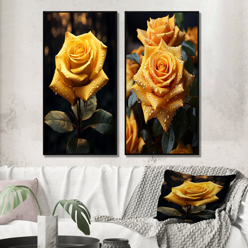 «Yellow Black Rose Elegance» - 2 pièces, Cadre noir, H 20 po x l 24 po