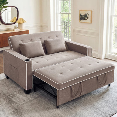 64.8" Full Square Arm Tufted Back Convertible Sleeper Sofa with Cushions and Cup Holder