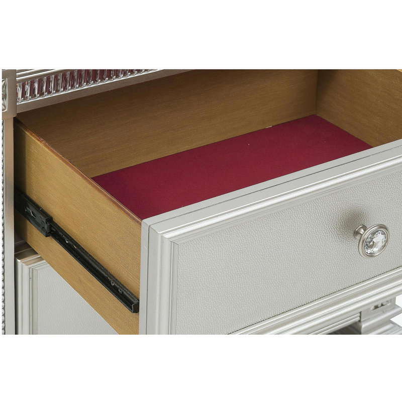 Glamour Modern Design Table de chevet 1pc avec 2 tiroirs, boutons en faux cristal, finition argentée