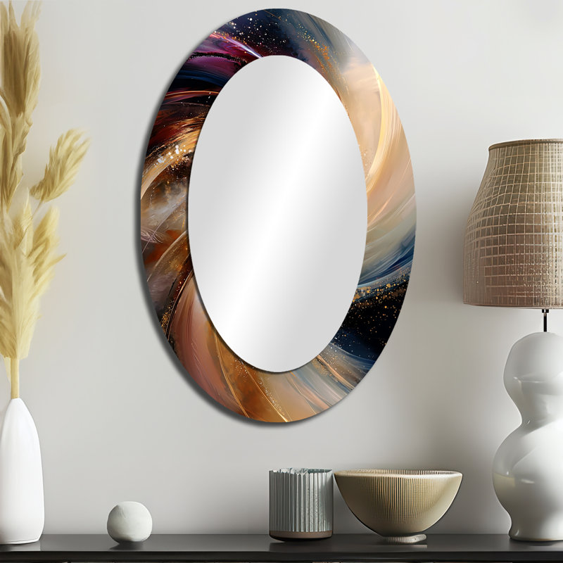 Abstract Spirals In Gold And Purple Tones II - Abstract Oval Decorative Mirror On Metal, 36" x 24"