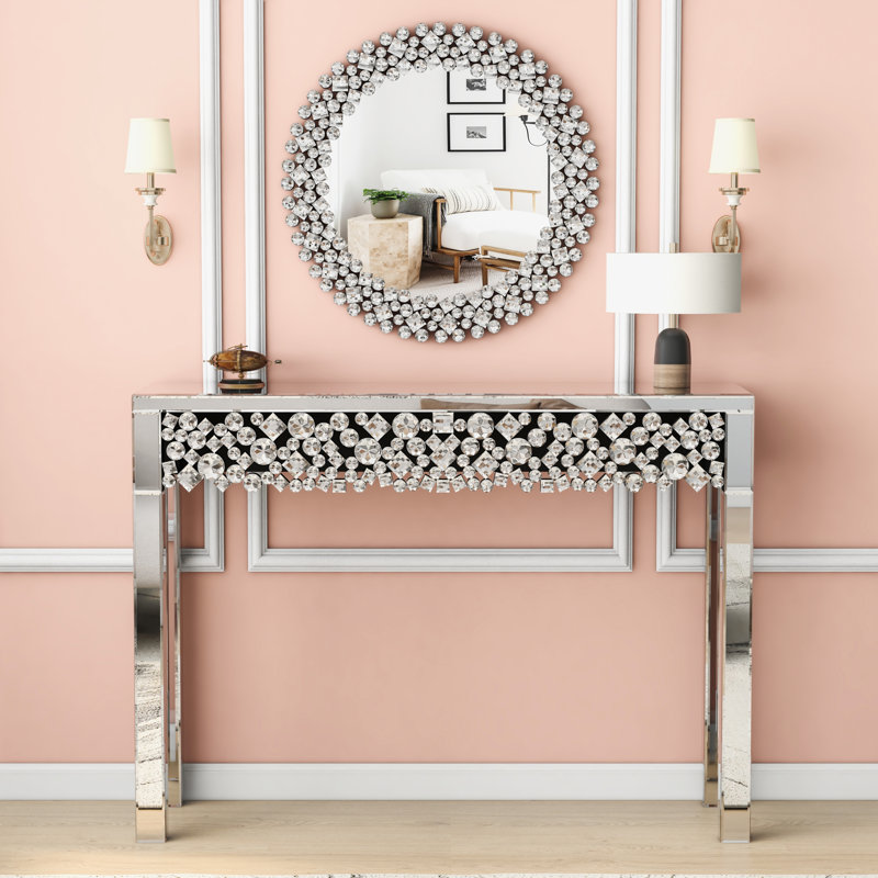 Console en miroir avec miroir mural rond en cristal Modern Glam Stylish