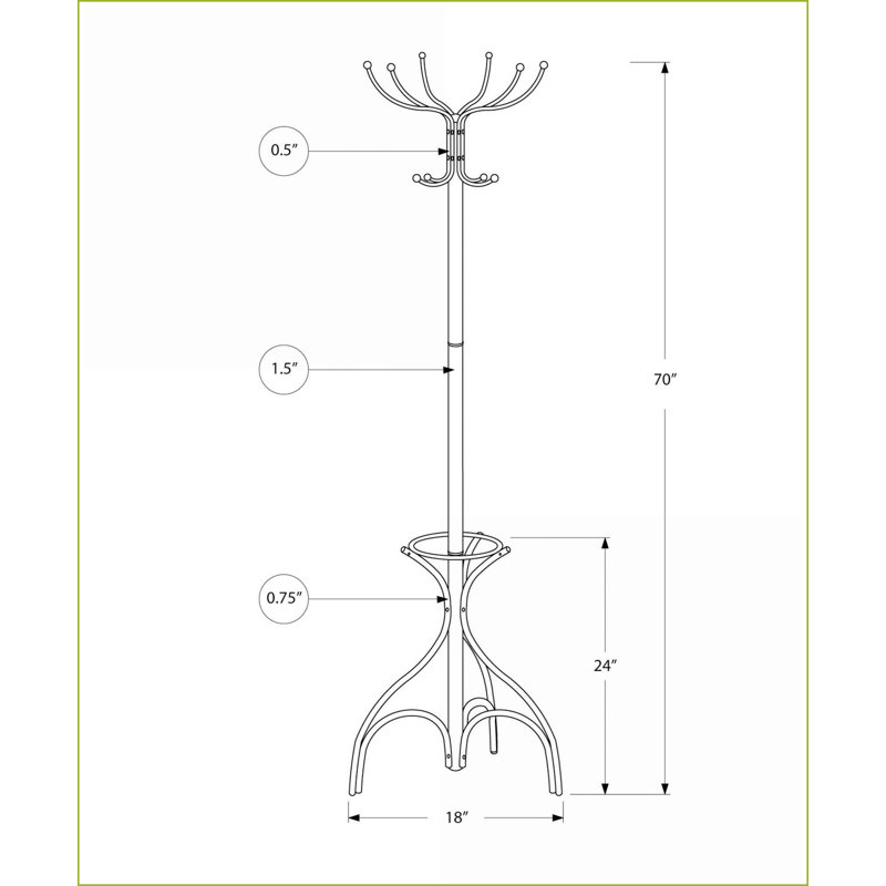 Coat Rack with 12 Hooks &amp; Umbrella Holder, 70"H Black Metal Transitional | Black | Metal