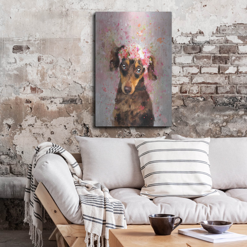 Art mural en métal luxueux «Flower Crown Dachshund» par Furbaby Affiliates, H 36 po x l 24 po