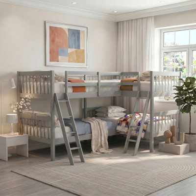 Twin Size L-Shaped Solid Wood Functional Bunk Bed For 4,Can Be Divided Into Two L-Shaped Beds,Features A Full-Length Guardrail,No Spring Box Needed,Easy To Assembly
