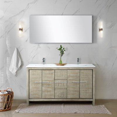 Lafarre 60"" Rustic Acacia Double Bathroom Vanity, White Quartz Top, White Square Sinks, Monte Chrome Faucet Set, And 55"" Frameless Mirror -  Lexora, LLF60DKSODM55FCH