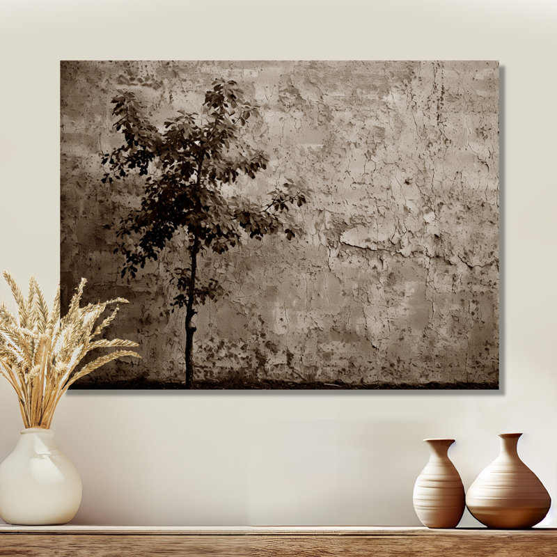 Arbre simple devant un mur - salon d'art mural arbre monochrome, Toile tendue, H 16 po x l 32 po x P 1 po