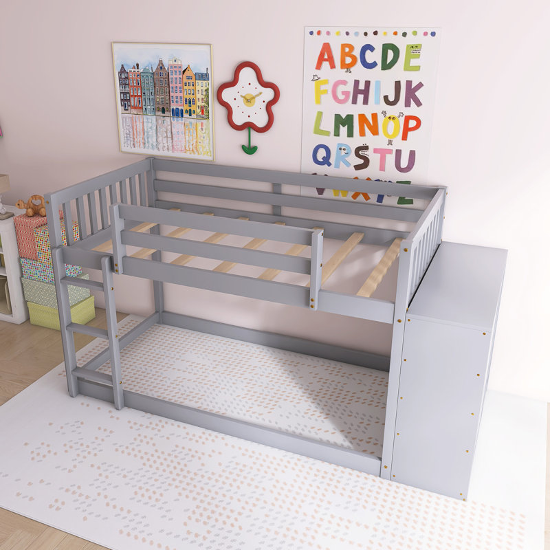 Lit superposé avec 4 tiroirs et 3 tablettes, Gris, Simple