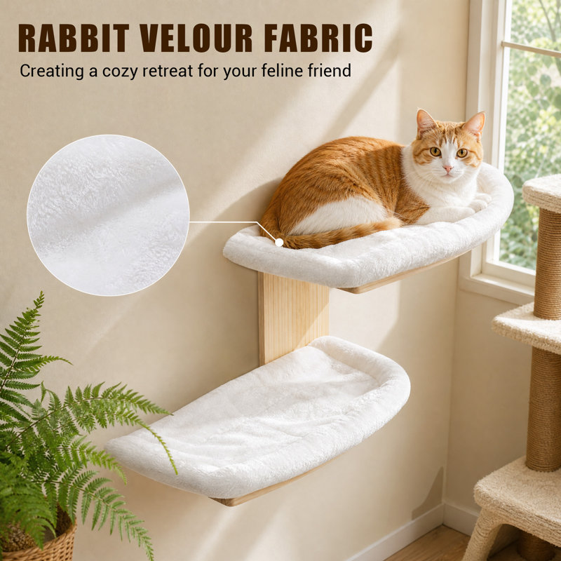 Lit mural double pour chat, tablette flottante en bois naturel avec 2 coussins blancs moelleux, plateforme de couchage murale surélevée pour chatons et chats adultes