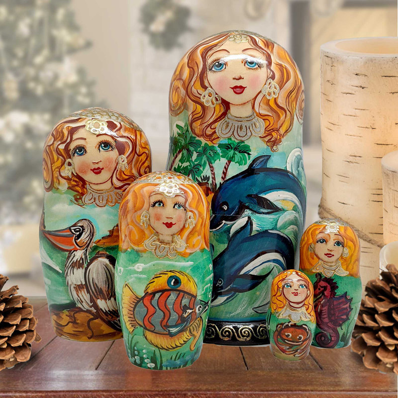 5 Piece Dolphins Coastal Matreshka Nesting Dolls Set