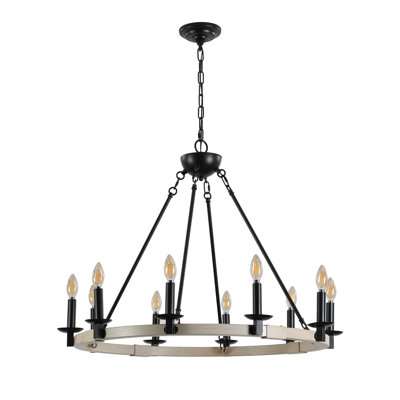 Luminaire suspendu rétro en métal noir et bois à 10 lumières, hauteur réglable pour la salle à manger, la cuisine, les espaces de vie, culot d'ampoule E12 sans ampoules, chêne blanc mat clignotant rustique, salle à manger, vacillement
