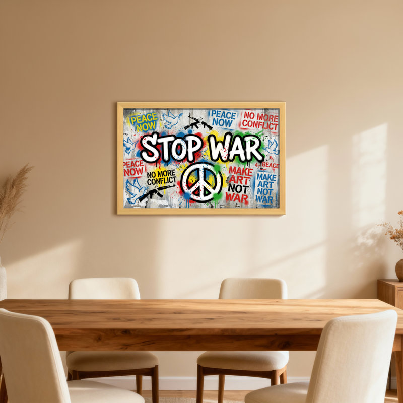 Stop War Peace Now Make Art Not War, H 16 po x l 24 po, Grain de bois clair, Cadre photo unique