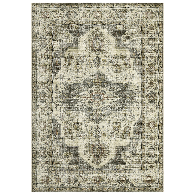 Oriental Machine Washable Rug with Rubber Backing for Living Room Durable Vintage Floor Carpet Easy-Cleaning Rug