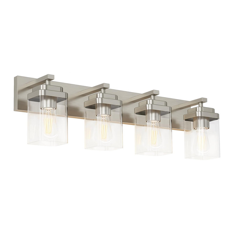 4-Light Square Bathroom Vanity Light, Rectangle Large Backplate Modern Over Mirror Wall Lighting Fixture, Nickel