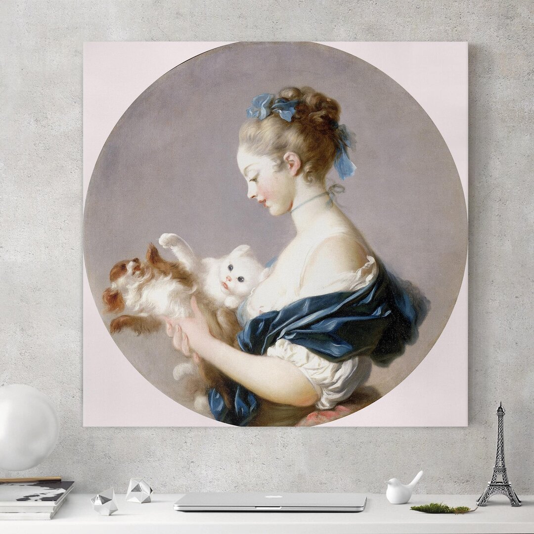 Leinwandbild Mädchen mit einem Hund und einer Katze spielend von Jean Honoré Fragonard