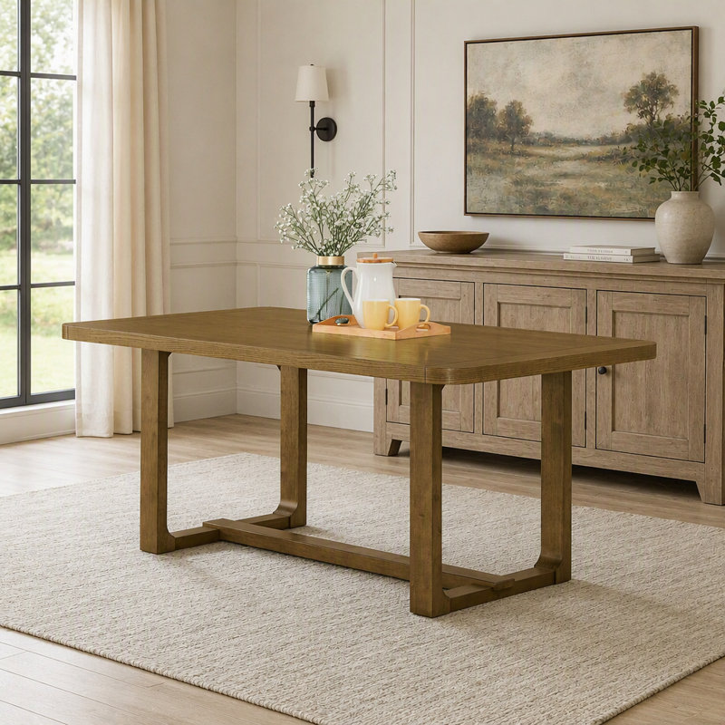 Table de salle à manger Parker en chêne clair avec piètement à tréteaux, durable et polyvalente pour les intérieurs rustiques modernes