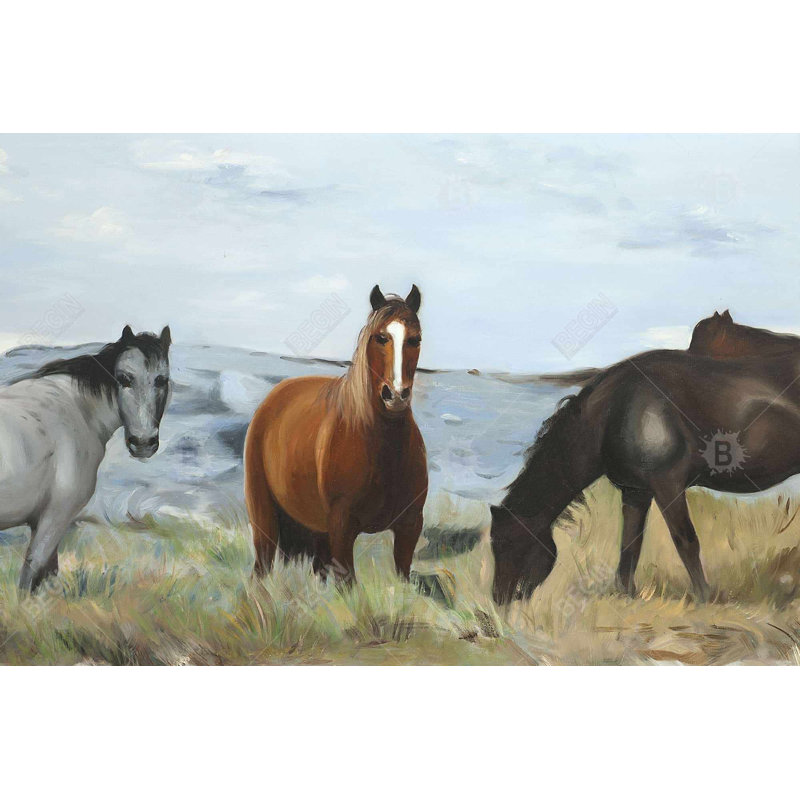 Art sur toile, Chevaux mangeant dans la prairie - Montagnes rustiques