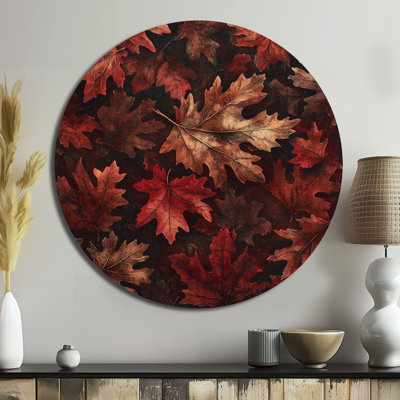 Red Falling Maple Leaves II - Traditional Red Metal Wall Decor, Leaves Large Round Metal Wall Art
