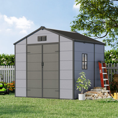 8X6 FT Outdoor Storage Shed, Weather-Resistant Shed With Lockable Double Doors & Built-In Floor, Sloped Roof Outdoor Shed For Backyard, Patio & Lawn, Grey