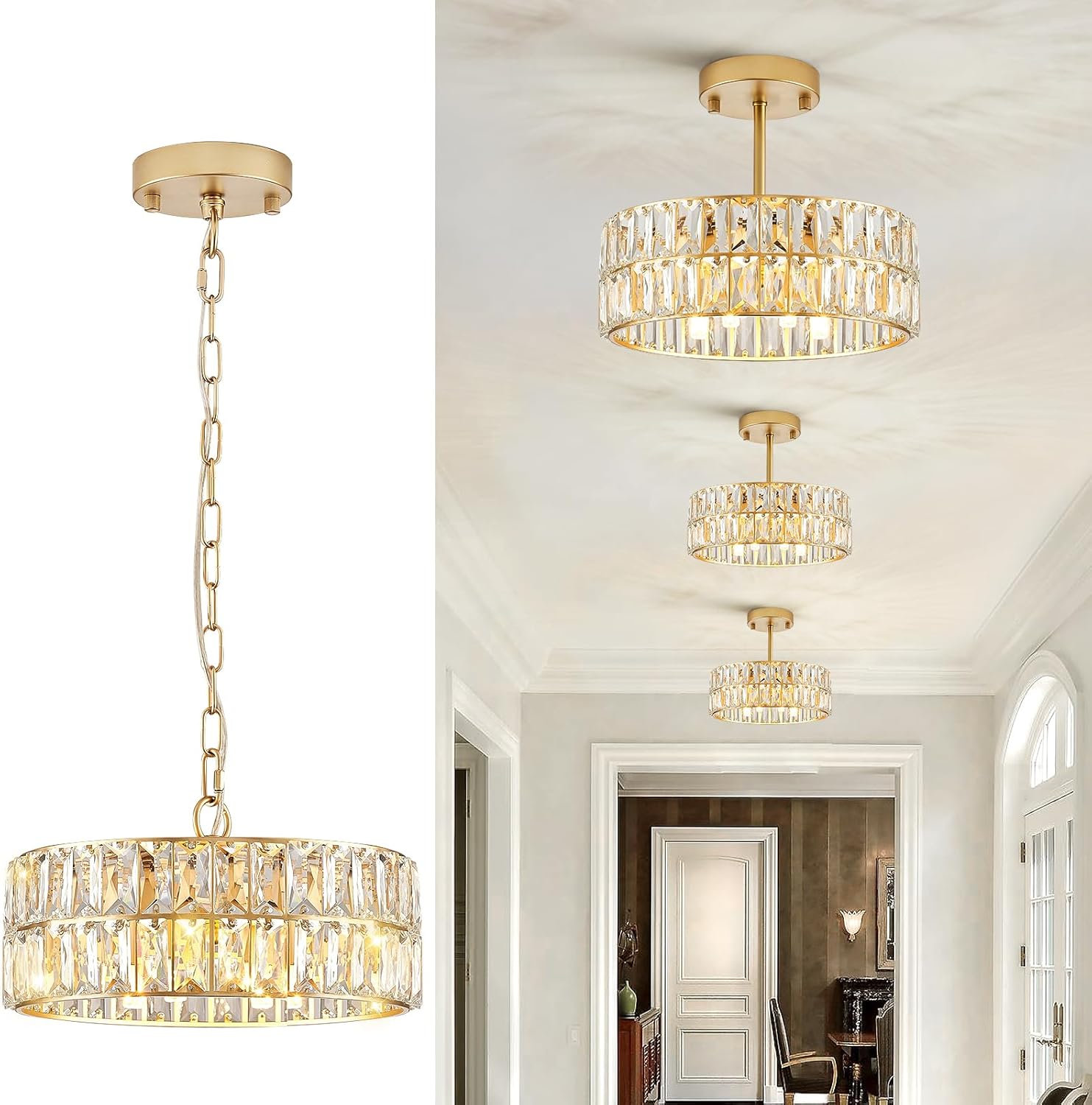 Mercer41 Gold Crystal Chandeliers, Modern Semi Flush Mount Chandelier 4 ...