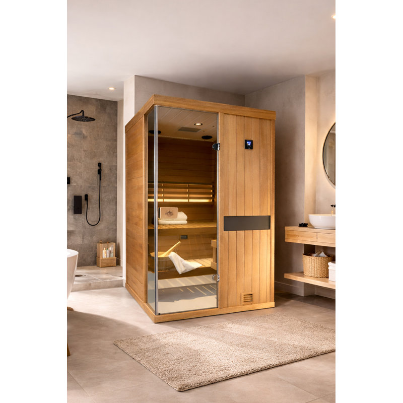 Samsora 2-Person Indoor Steam Saunas 2500W with Negative Ion Technology & Red Light Therapy, Model 702ST, 95℉-230℉ Temp Range,African Mahogany Wood, Bluetooth Speaker, Personal Indoor Low EMF Wet Sauna with Heater,Sauna Stone