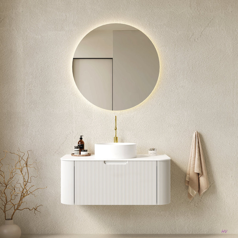 Meuble-lavabo de salle de bain 36 po avec lavabo, meuble de rangement mural à bordures courbées et flottantes avec tiroir, lavabo rond en céramique avec motif de pierre, pré-assemblé