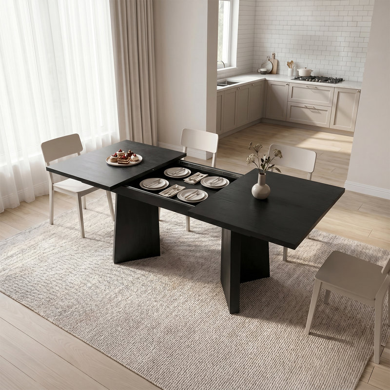 Ensemble de salle à manger extensible rectangulaire Alward pour 8 personnes, style moderne, aspect bois, avec chaises rembourrées.
