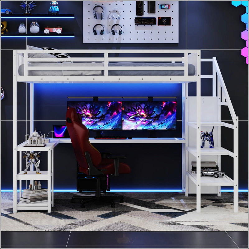 Grand lit mezzanine en métal avec garde-robe et lumière DEL