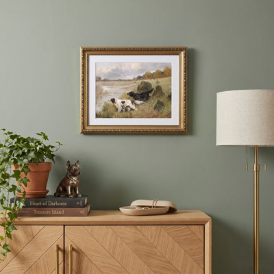 Vintage Gold Framed Hunting Dogs Wall Art, Antique River Landscape Canvas Print, Victorian Country Painting with Decorative Mat for Living Room, Office & Study