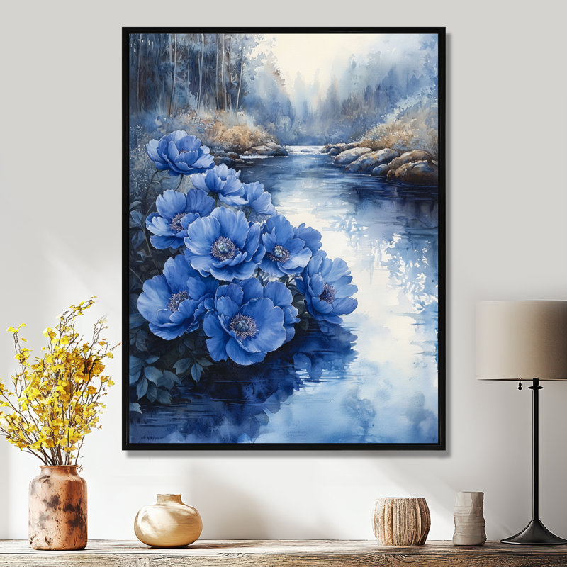Bleuet sur fond bleu - Pivoines, H 20 po x l 12 po, Reproduction avec cadre flottant, Noir
