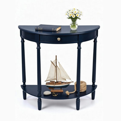  Console Truro demi-ronde, table d'entrée traditionnelle avec tiroir et tablette inférieure, table de vestibule ou de canapé classique pour vestibule, salon, bleu marine