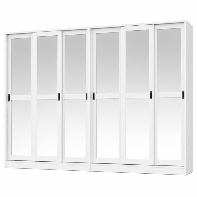 Armoire-penderie à porte coulissante 100% en bois massif à 6 miroirs Portlynn, Blanc