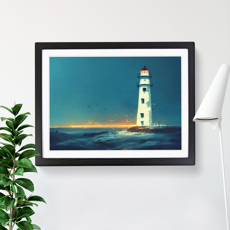 Thrilling Lighthouse Sunrise - Single Picture Frame Painting, Black Framed, 25cm H x 34cm W x 2cm D