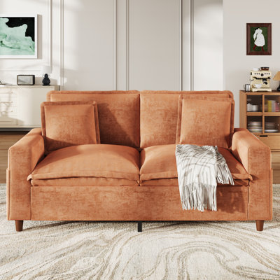 Canapé 2 places en chenille à accoudoirs carrés de 150 cm, structure en bois massif avec poche de rangement pratique, style nuage, idéal pour un appartement, orange