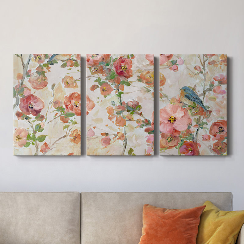 Bluebirds and Blossoms - Toile tendue avec châssis de qualité supérieure - Prêt à être accroché, H 48 po x l 96 po x P 1 po