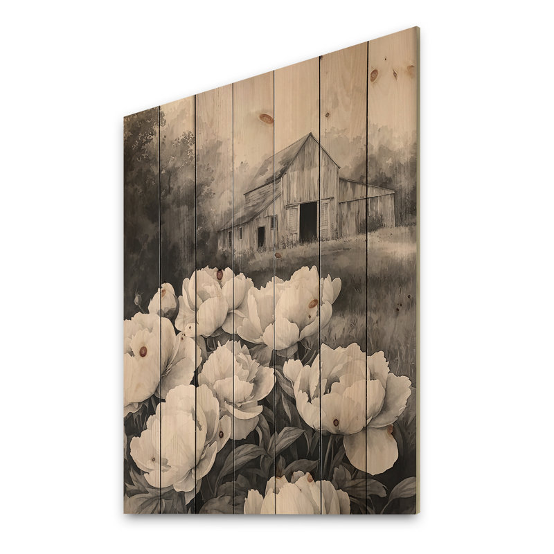 Monochrome Peonies At The Farm III - Peonies Wood Wall Art - On Natural Pine Wood, 40" H x 30" W x 0.78" D