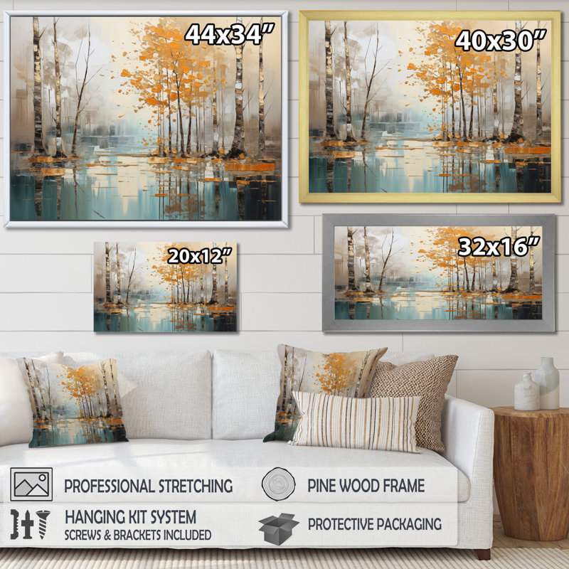 «Birch Woods Golden Reflections I - Tree Birch», art mural encadré, Cadre simple noir, H 30 po x l 40 po x P 1,5 po