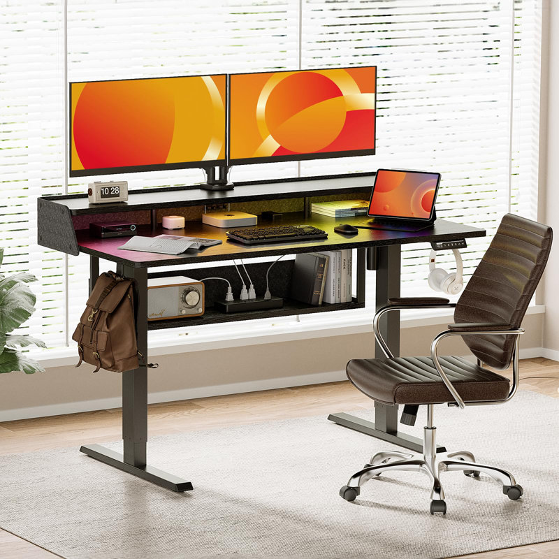 Electric standing desk, height adjustable, with storage space, standing gaming desk with LED light strip, suitable for home office and gaming, sit/stand workstation.