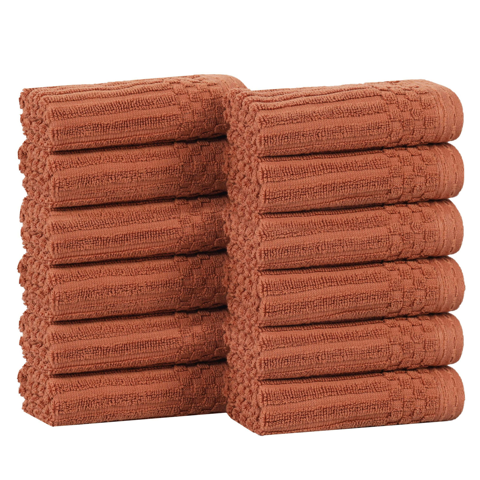 8-Piece Checkered Border Cotton Towel Set, Rust, Face Towel 12-Pack