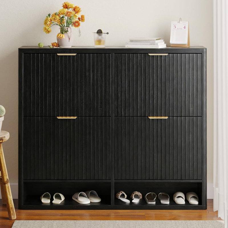 Fluted Shoe Storage Cabinet For Entryway With 4 Flip Drawers,Wooden Enclosed Thin Todorka With Metal Handles And Anti Tipping Devicesuitable For Living Rooms,Entrances