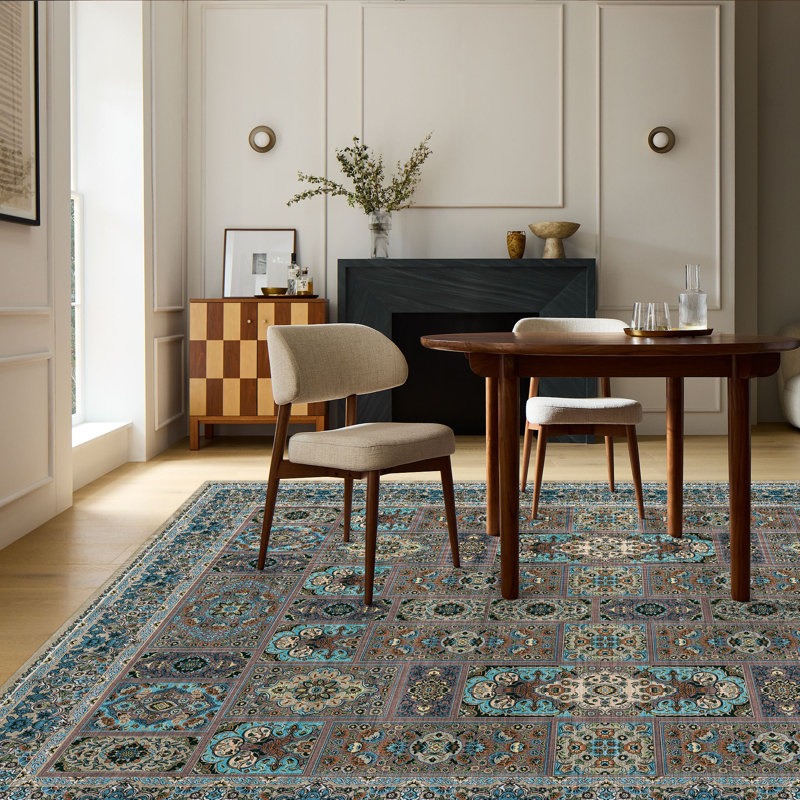 Oriental Floral Machine-Washable Non-Slip Rug., Rectangle 9' x 12'