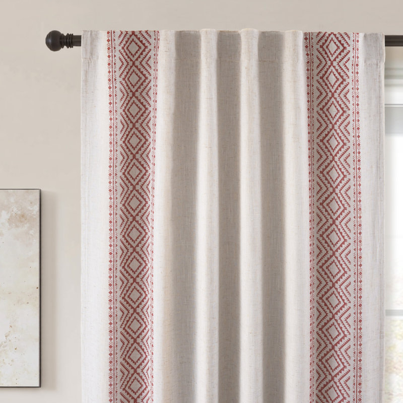 Rideaux occultant en lin Boho, Geo trim Red, L 52 po x L 96 po